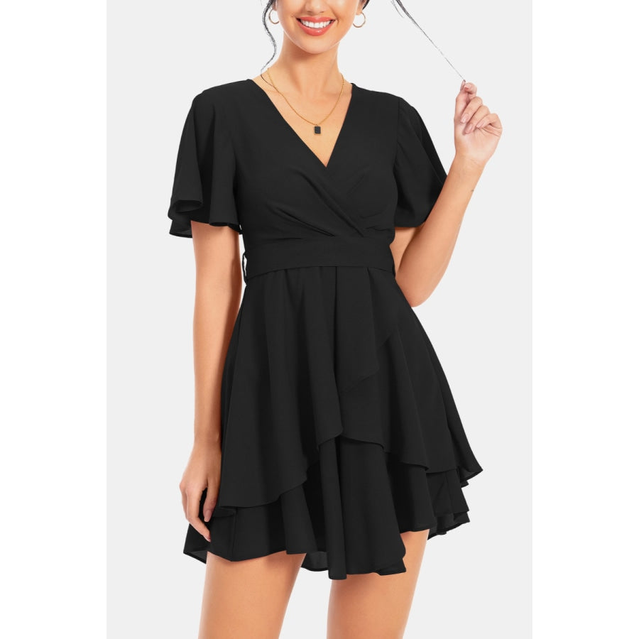 Surplice Neck Flutter Sleeve Dress Black / S