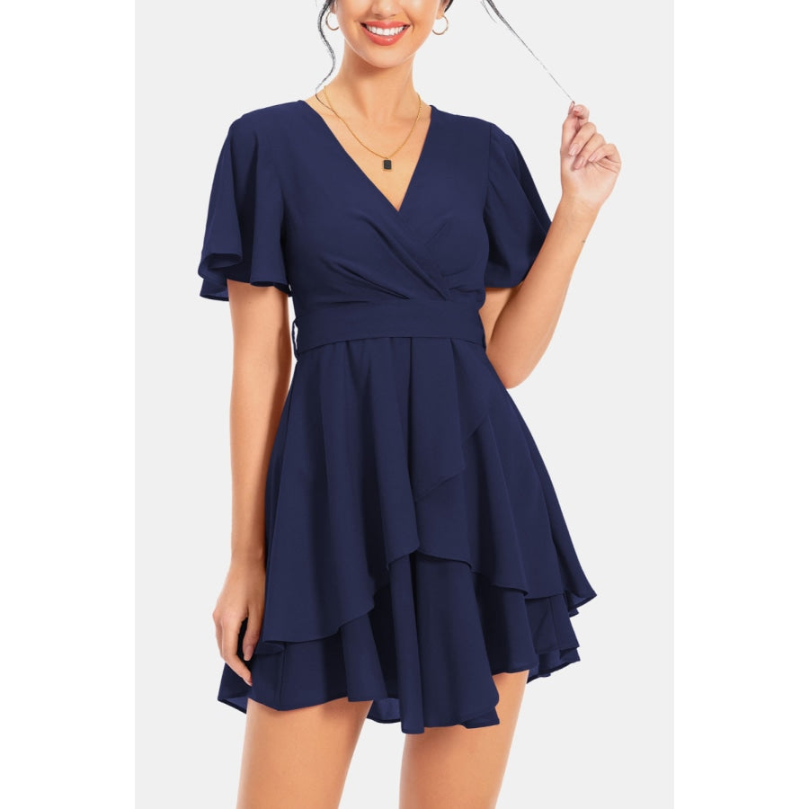 Surplice Neck Flutter Sleeve Dress Dark Navy / S