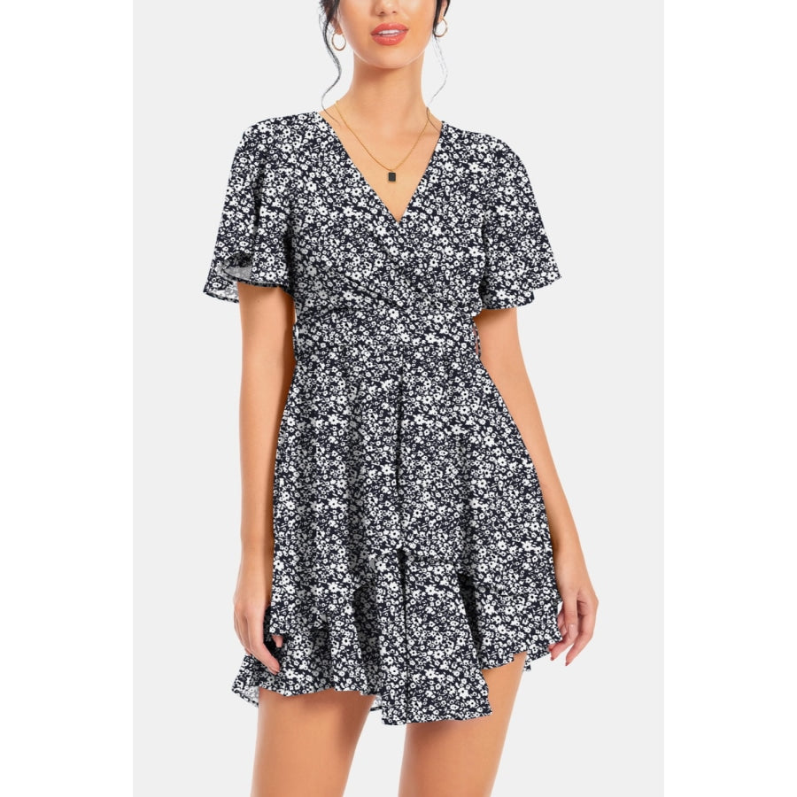 Surplice Neck Flutter Sleeve Dress Floral / S