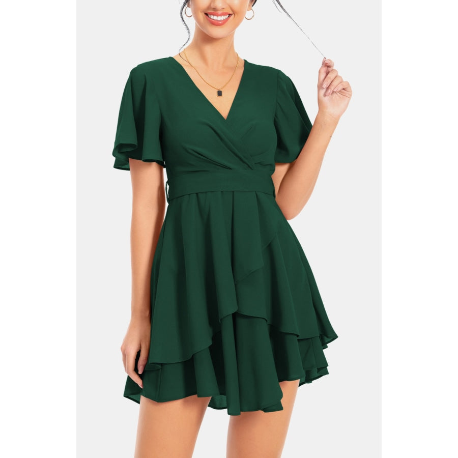 Surplice Neck Flutter Sleeve Dress Green / S