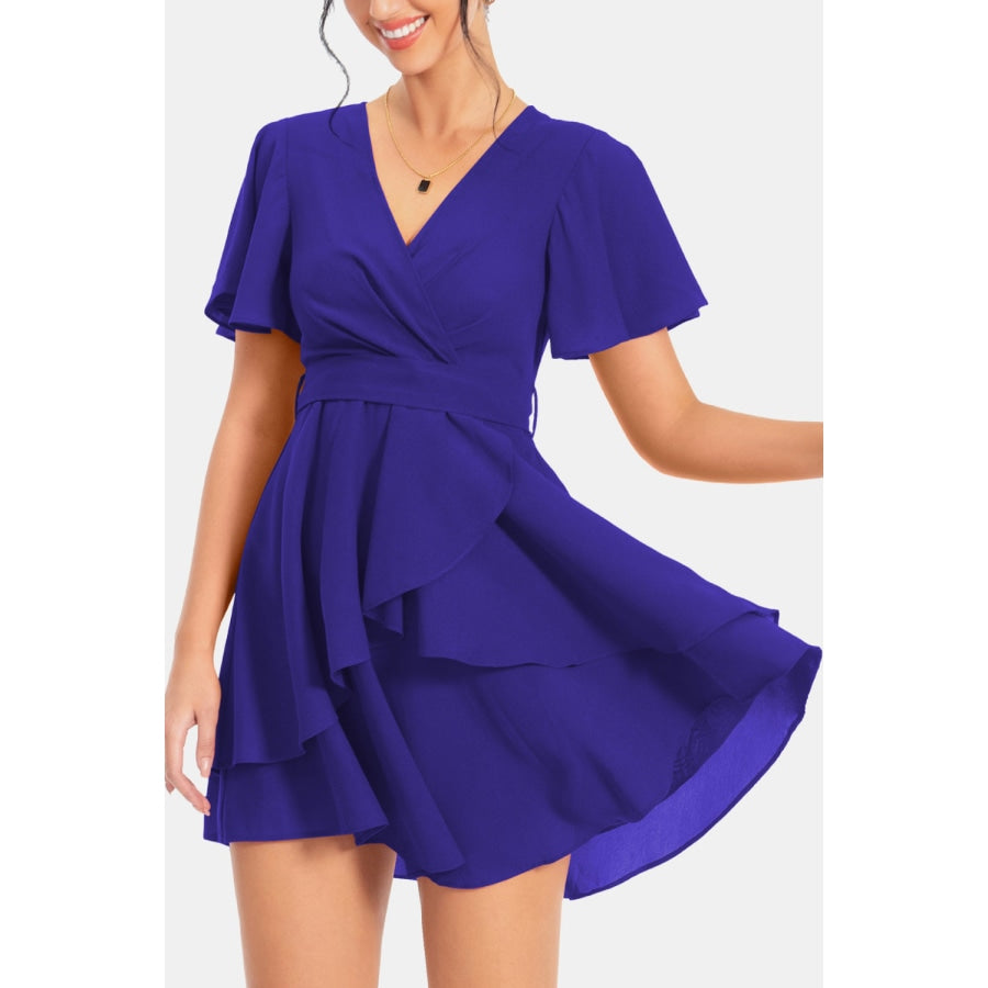 Surplice Neck Flutter Sleeve Dress Royal Blue / S