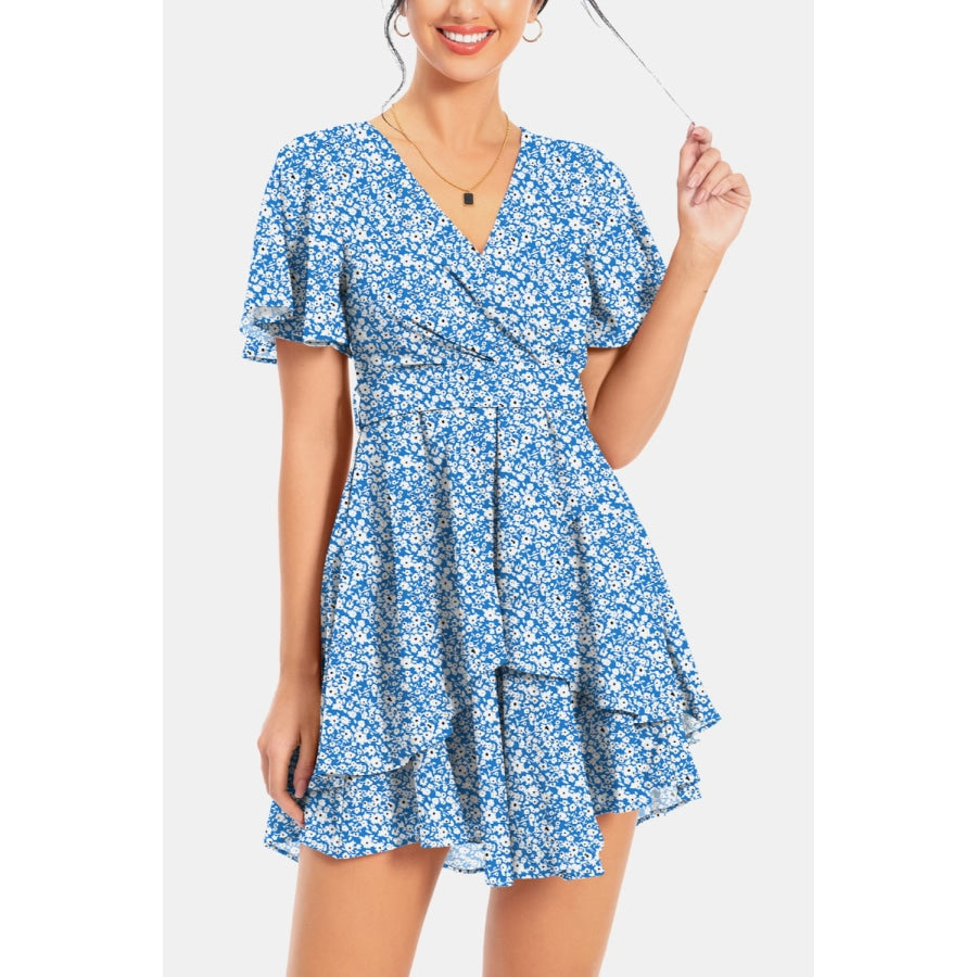 Surplice Neck Flutter Sleeve Dress Sky Blue / S