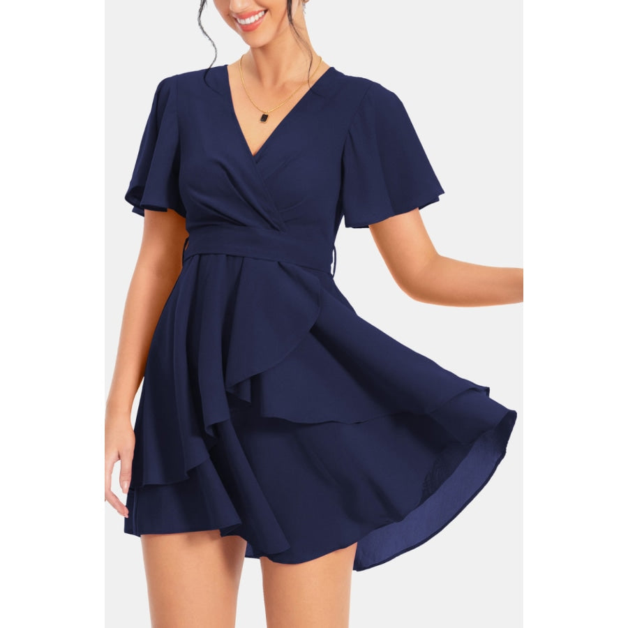 Surplice Neck Flutter Sleeve Dress