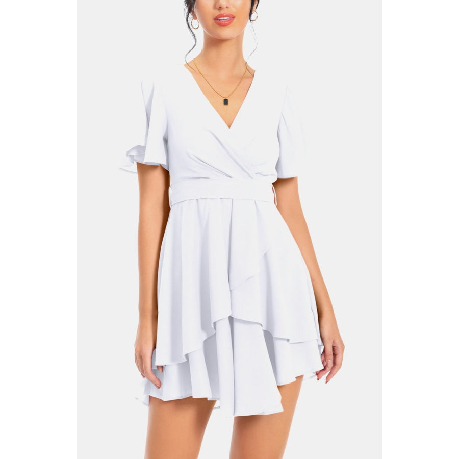 Surplice Neck Flutter Sleeve Dress White / S