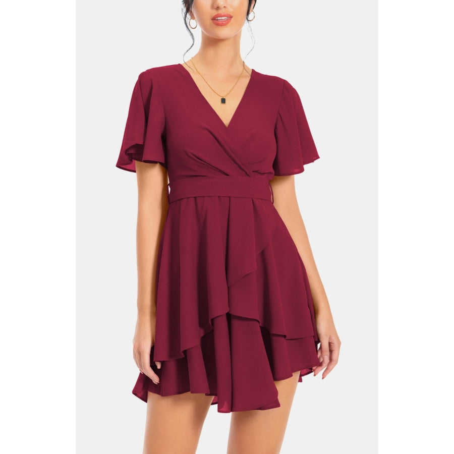 Surplice Neck Flutter Sleeve Dress Wine / S