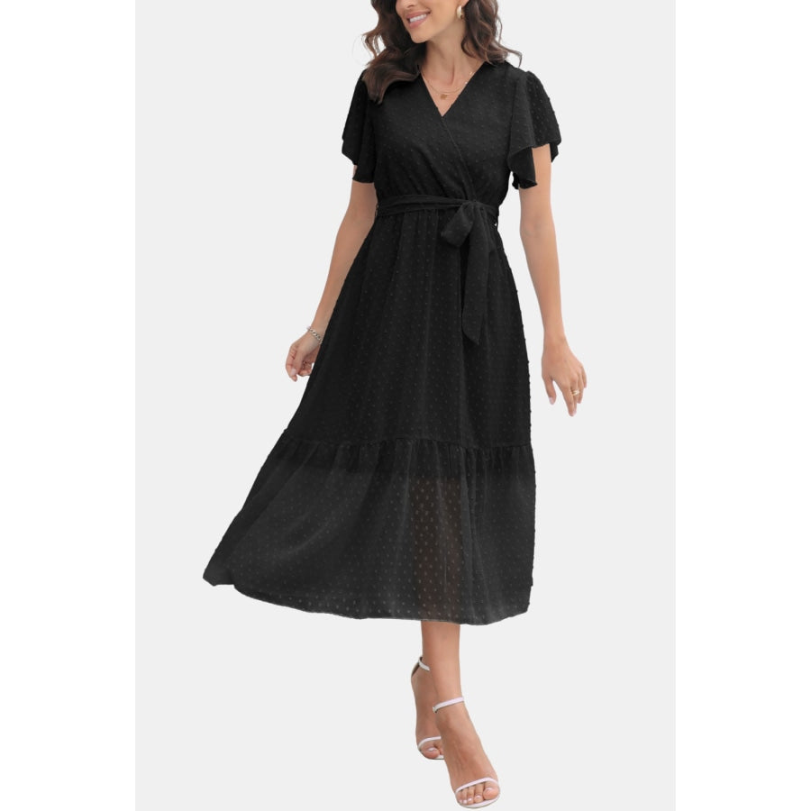 Surplice Neck Flutter Sleeve Tied Dress Black / S