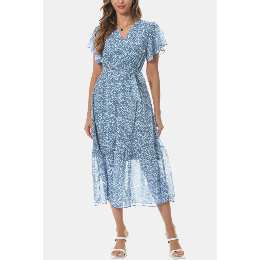 Surplice Neck Flutter Sleeve Tied Dress Misty Blue / S