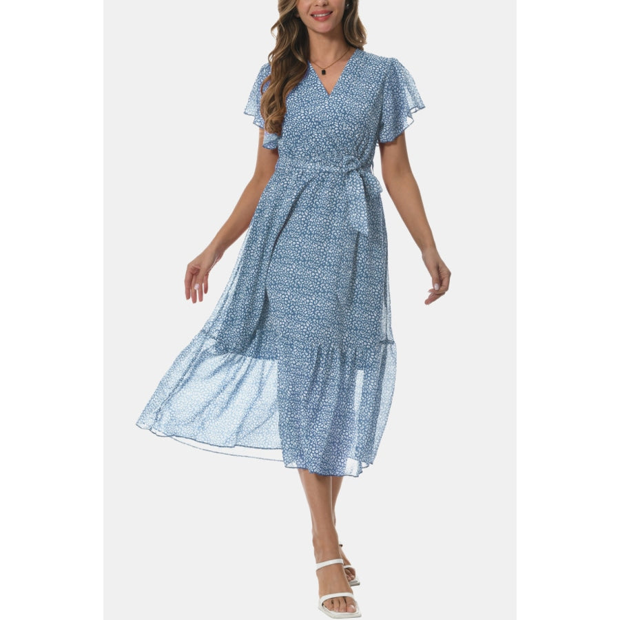 Surplice Neck Flutter Sleeve Tied Dress