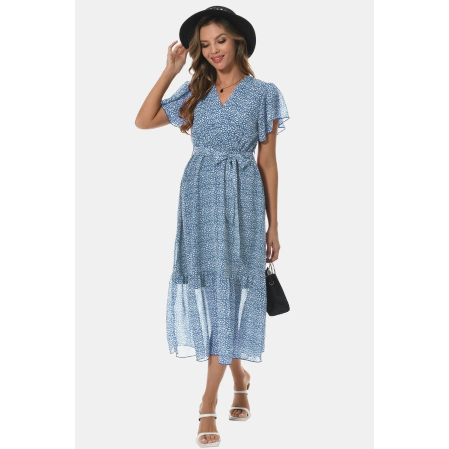 Surplice Neck Flutter Sleeve Tied Dress