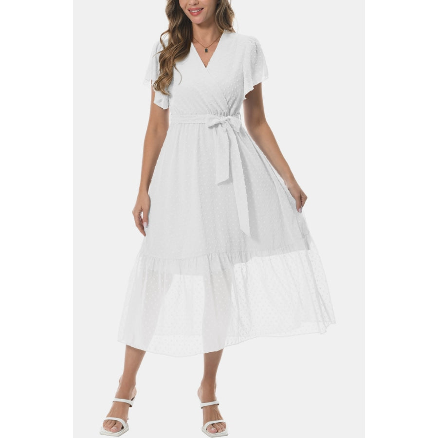 Surplice Neck Flutter Sleeve Tied Dress