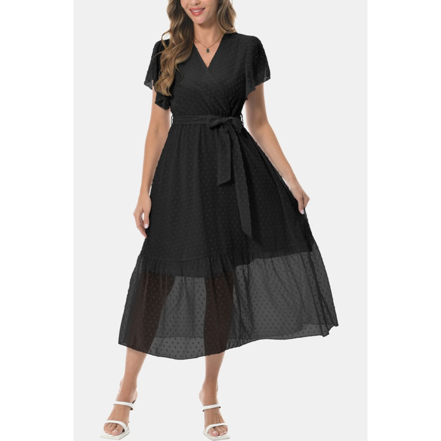 Surplice Neck Flutter Sleeve Tied Dress