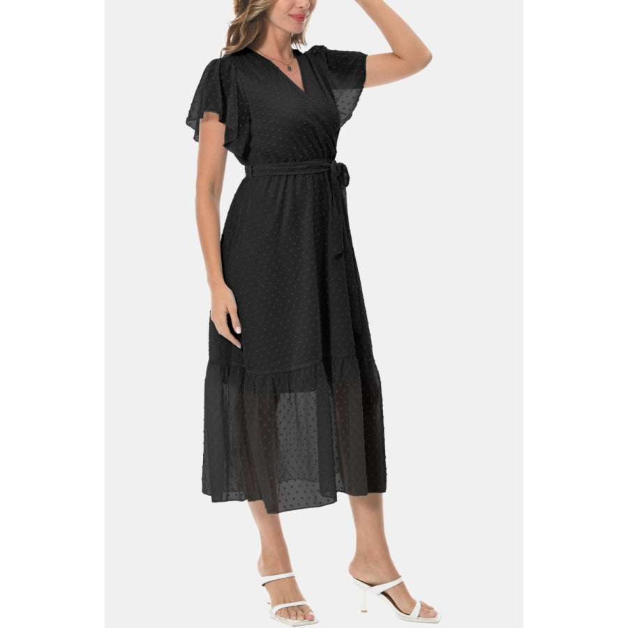 Surplice Neck Flutter Sleeve Tied Dress