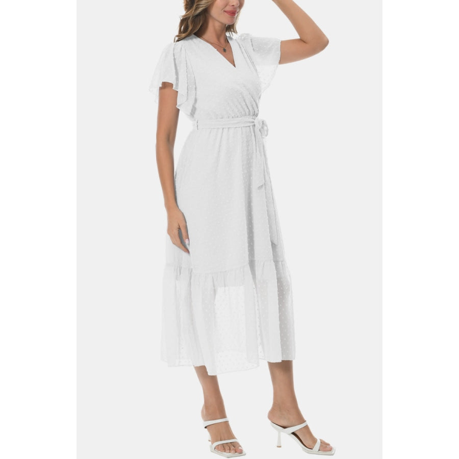 Surplice Neck Flutter Sleeve Tied Dress