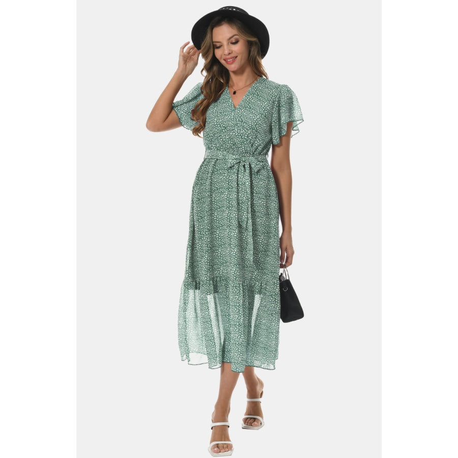 Surplice Neck Flutter Sleeve Tied Dress