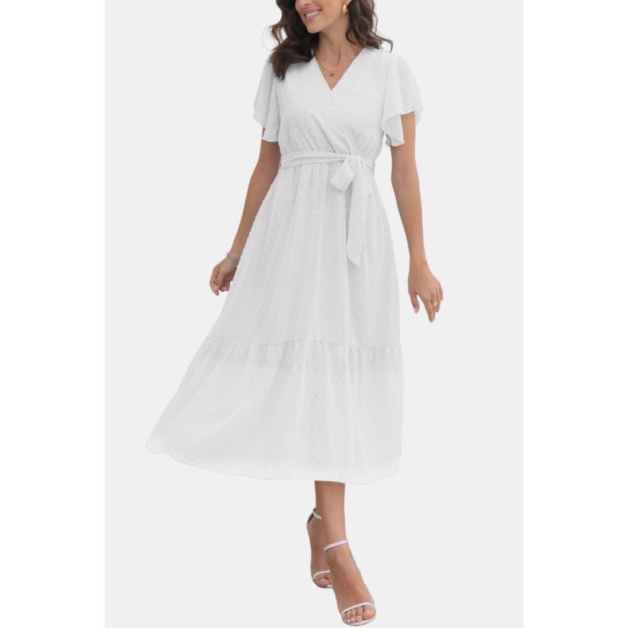 Surplice Neck Flutter Sleeve Tied Dress White / S