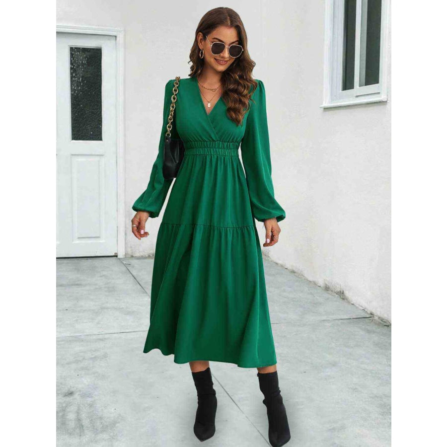 Surplice Neck Long Sleeve Midi Dress Green / S