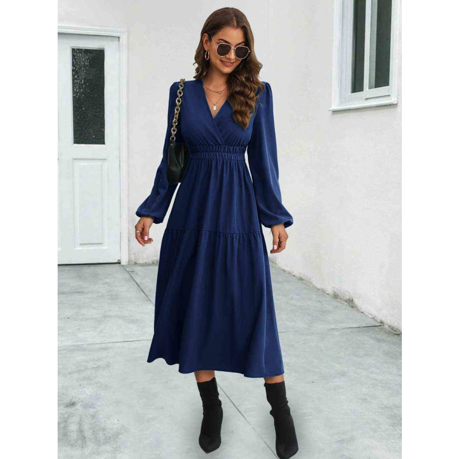 Surplice Neck Long Sleeve Midi Dress Navy / S