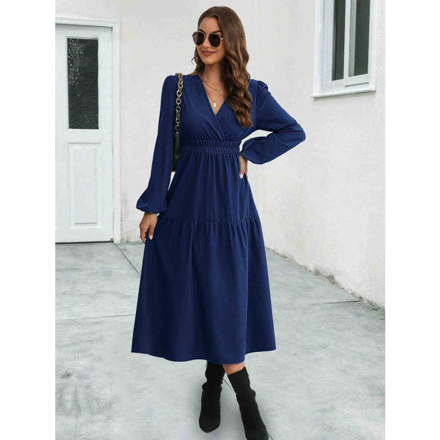 Surplice Neck Long Sleeve Midi Dress