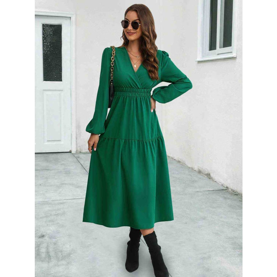 Surplice Neck Long Sleeve Midi Dress