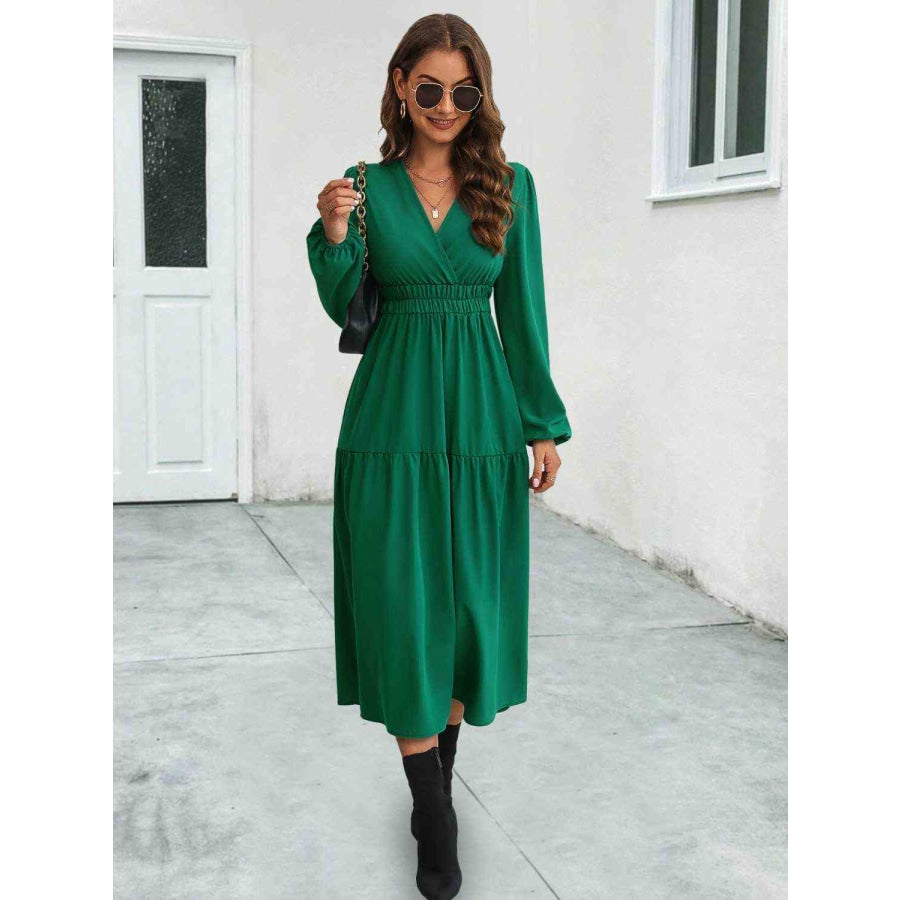 Surplice Neck Long Sleeve Midi Dress