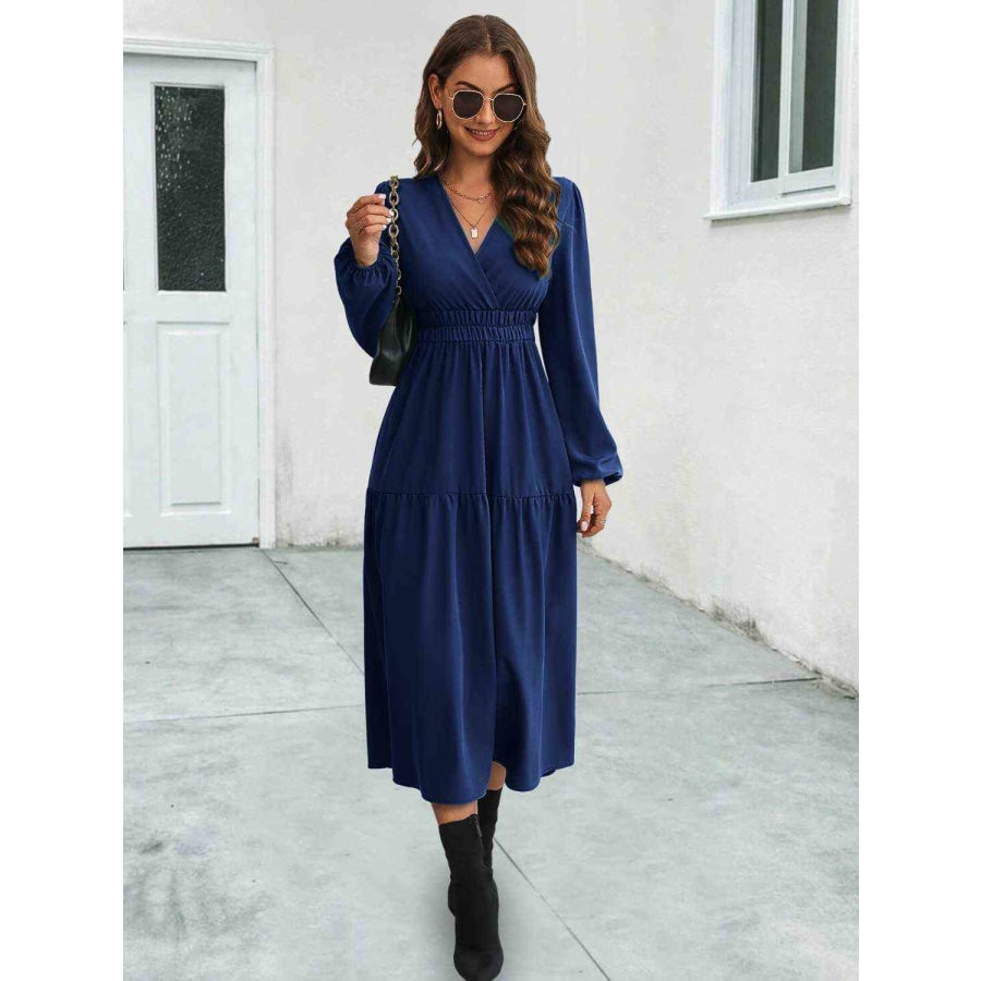 Surplice Neck Long Sleeve Midi Dress