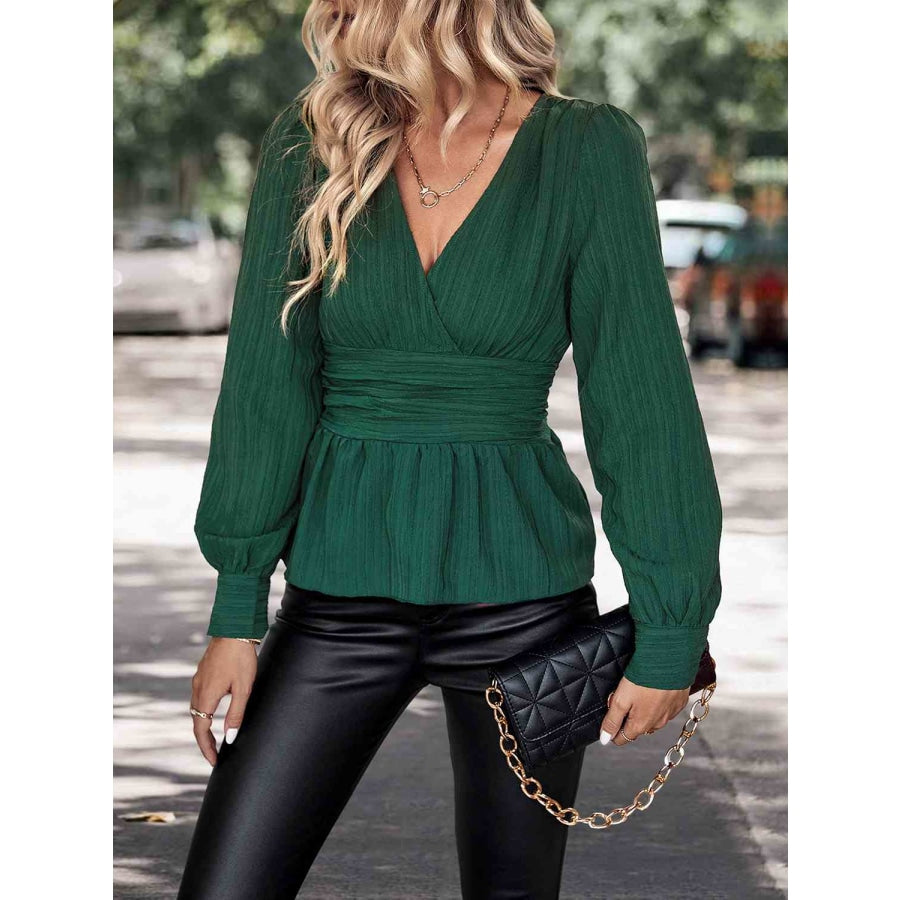 Surplice Neck Long Sleeve Peplum Top Green / S