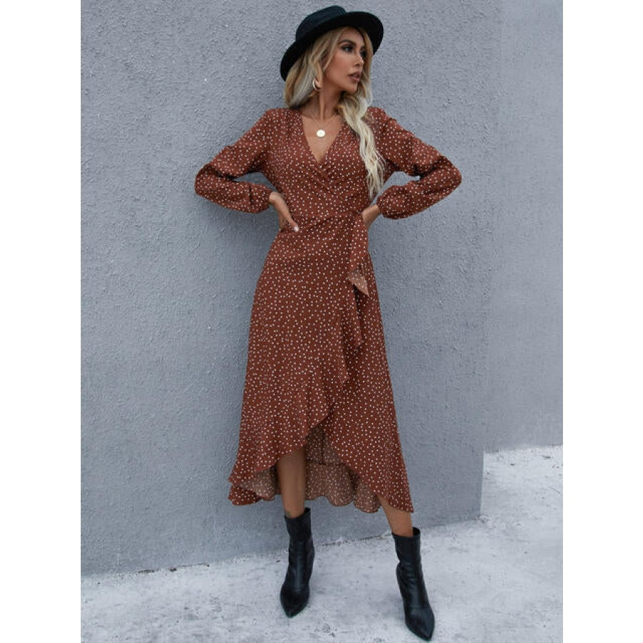 Surplice Neck Ruffled Midi Dress Chestnut / S Clothing