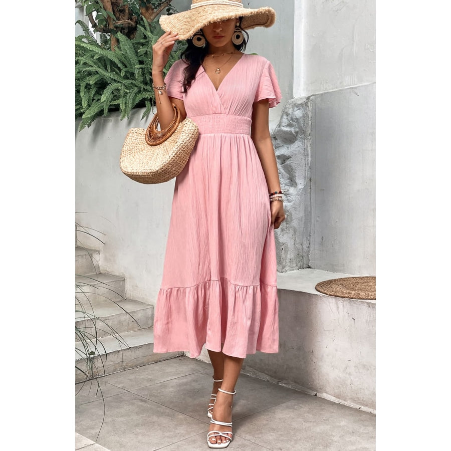 Surplice Neck Smocked Waist Flutter Sleeve Dress Blush Pink / S