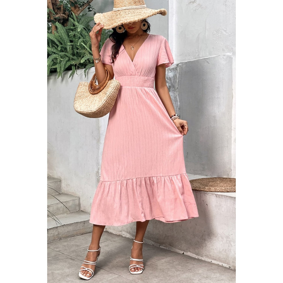 Surplice Neck Smocked Waist Flutter Sleeve Dress