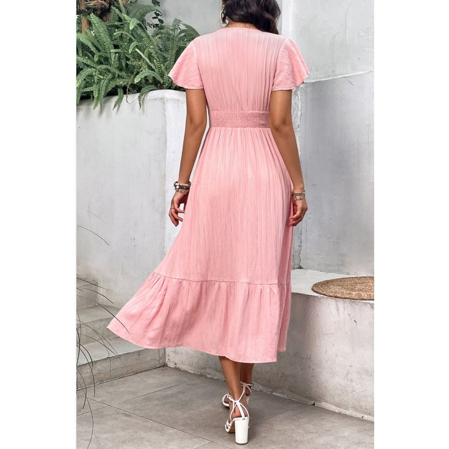 Surplice Neck Smocked Waist Flutter Sleeve Dress