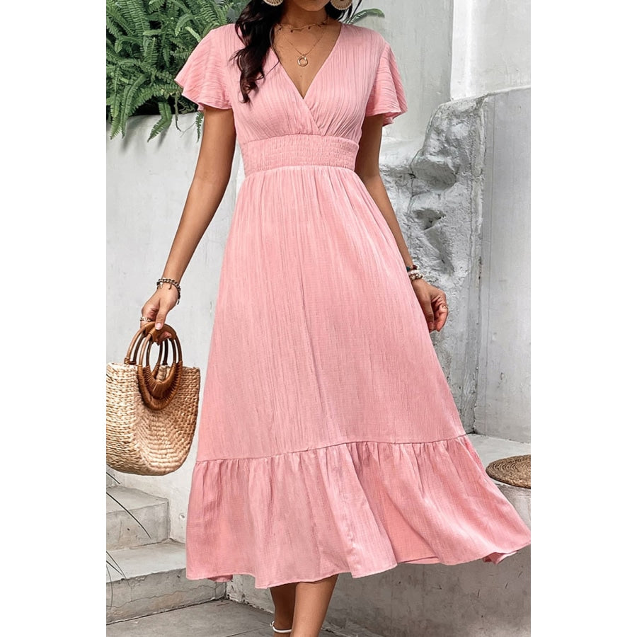 Surplice Neck Smocked Waist Flutter Sleeve Dress