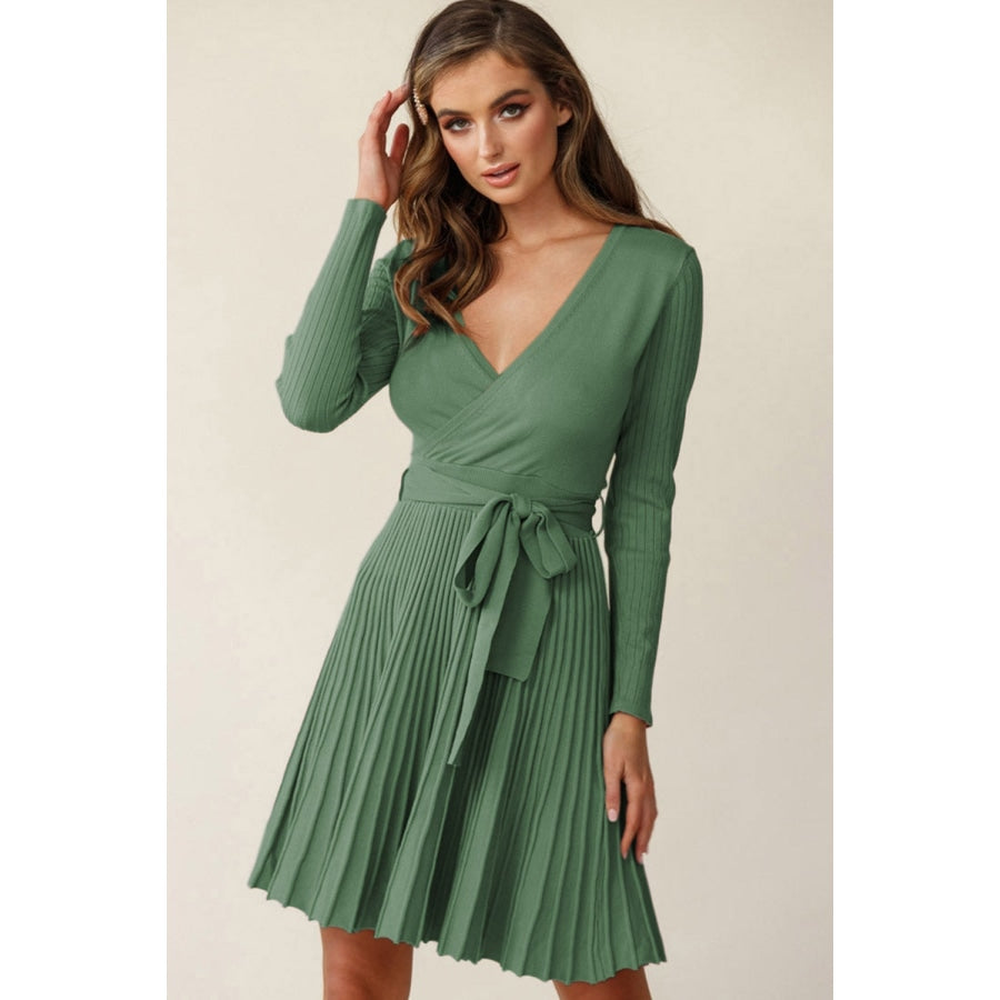 Surplice Neck Tie Waist Pleated Dress Mid Green / S