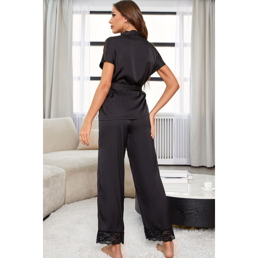 Surplice Neck Tie Waist Top and Pants Pajama Set Black / S