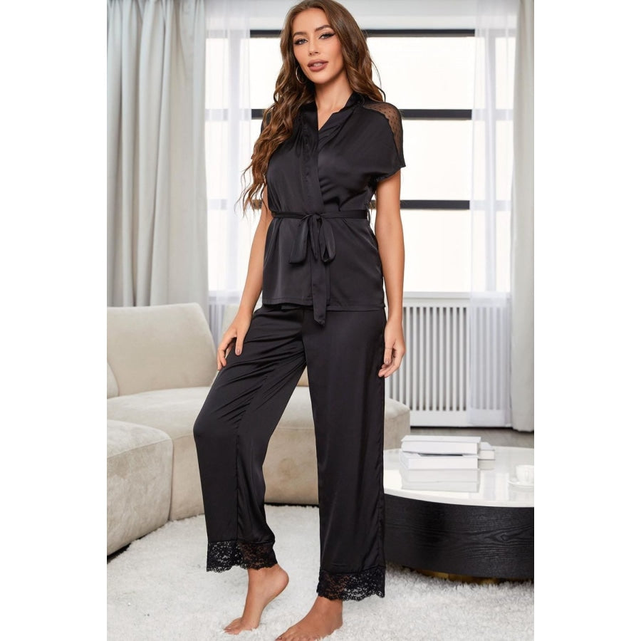 Surplice Neck Tie Waist Top and Pants Pajama Set