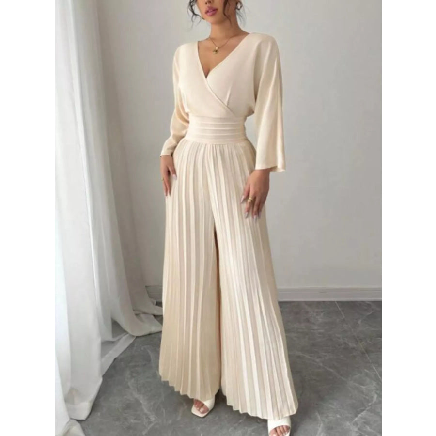 Surplice Pleated Wide Leg Jumpsuit Apparel and Accessories
