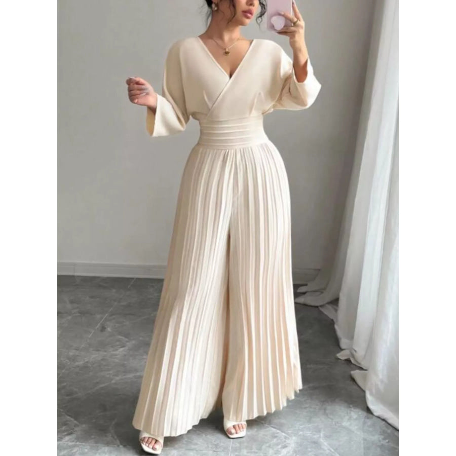 Surplice Pleated Wide Leg Jumpsuit Apparel and Accessories