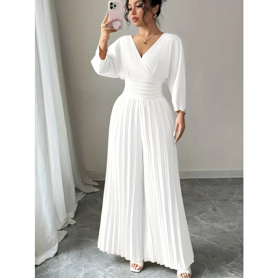 Surplice Pleated Wide Leg Jumpsuit Apparel and Accessories