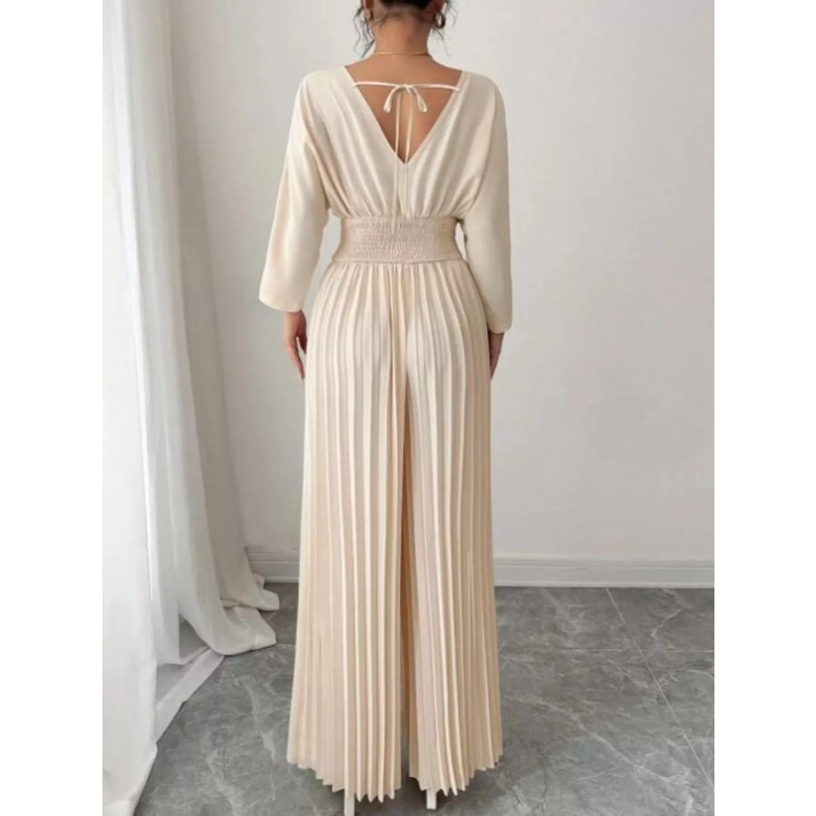 Surplice Pleated Wide Leg Jumpsuit Apparel and Accessories