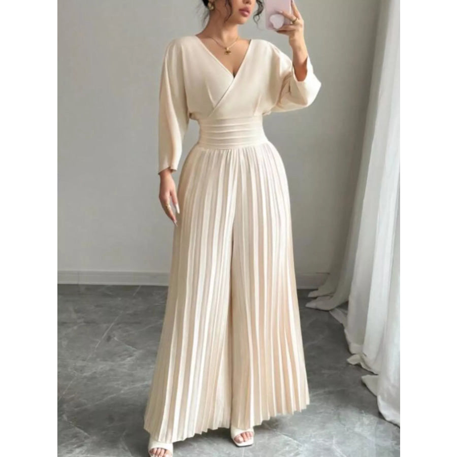 Surplice Pleated Wide Leg Jumpsuit Apparel and Accessories