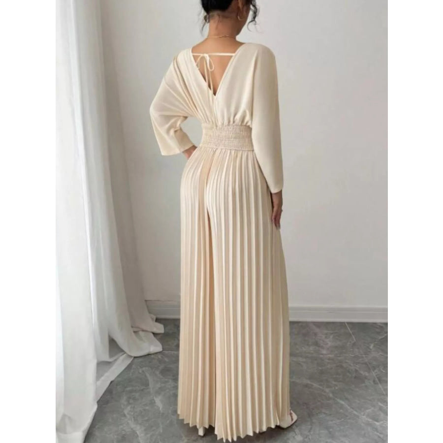 Surplice Pleated Wide Leg Jumpsuit Apparel and Accessories