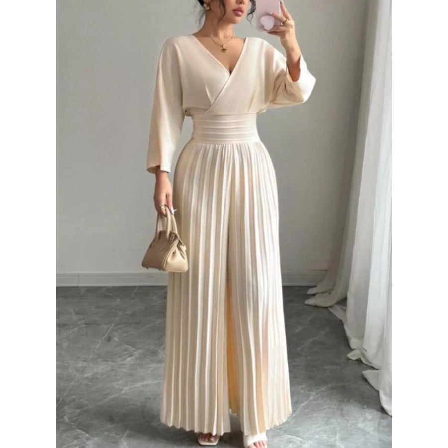 Surplice Pleated Wide Leg Jumpsuit Beige / S Apparel and Accessories