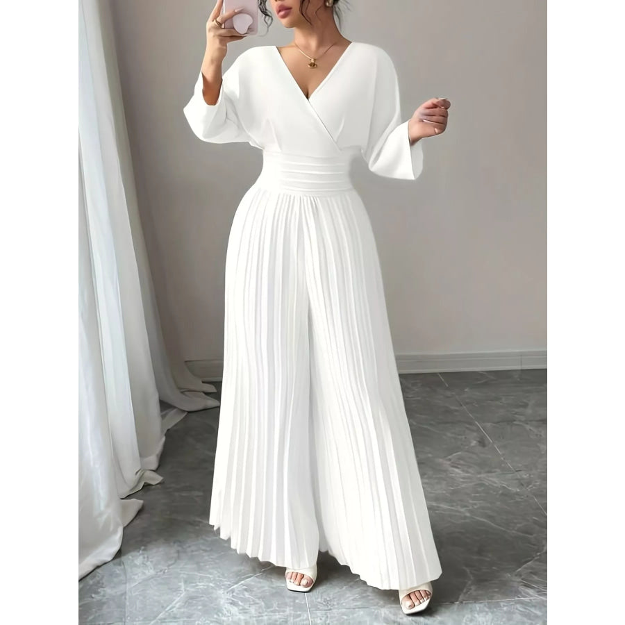 Surplice Pleated Wide Leg Jumpsuit White / S Apparel and Accessories