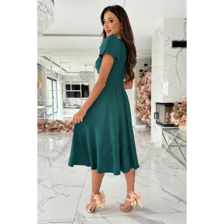 Surplice Puff Sleeve Midi Dress Deep Teal / S Apparel and Accessories