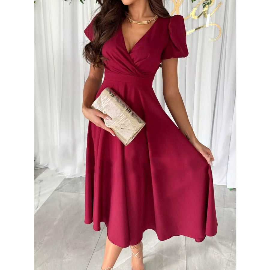 Surplice Puff Sleeve Midi Dress Apparel and Accessories