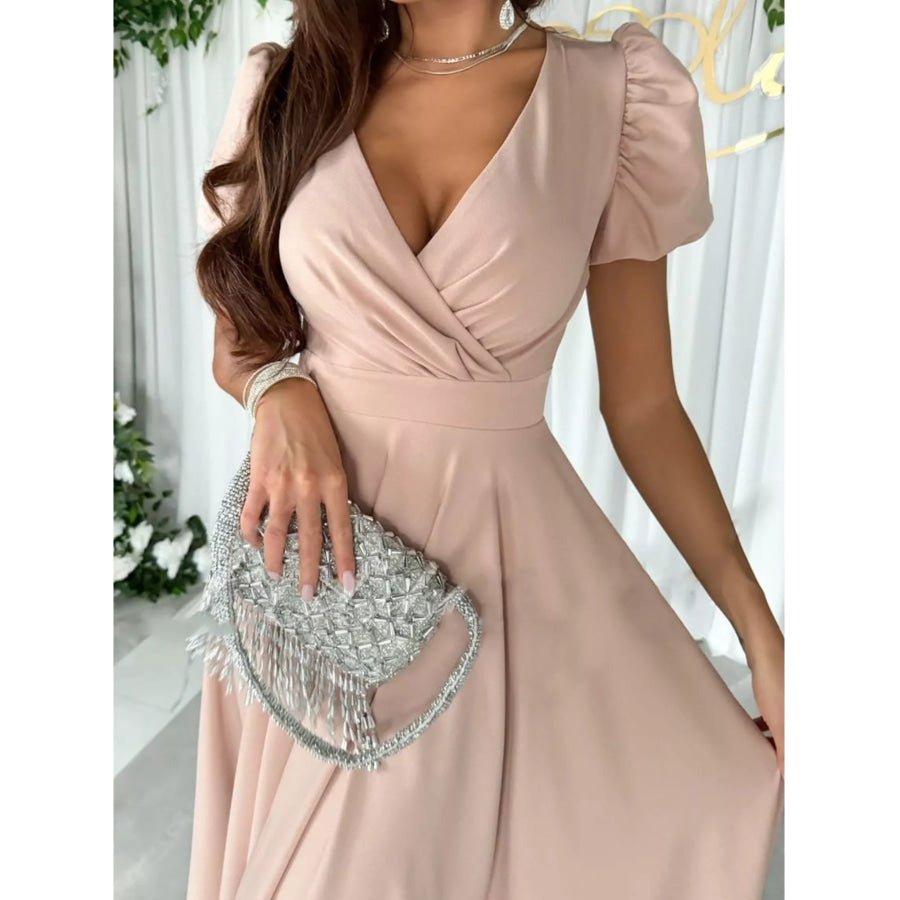 Surplice Puff Sleeve Midi Dress Apparel and Accessories