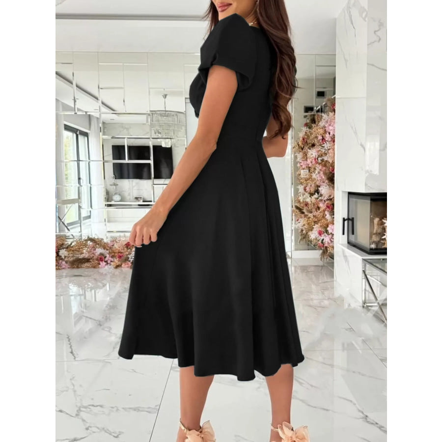 Surplice Puff Sleeve Midi Dress Apparel and Accessories