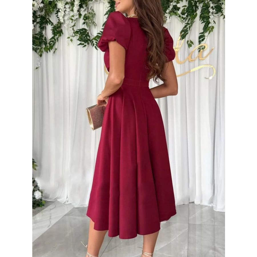 Surplice Puff Sleeve Midi Dress Apparel and Accessories