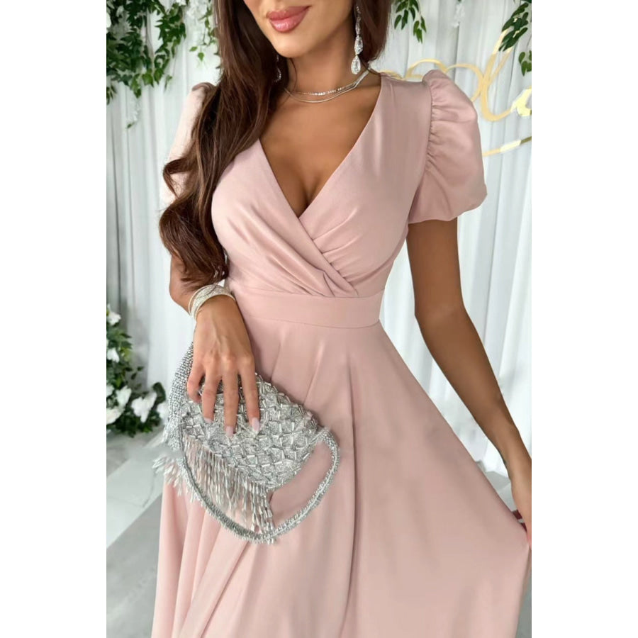 Surplice Puff Sleeve Midi Dress Apparel and Accessories