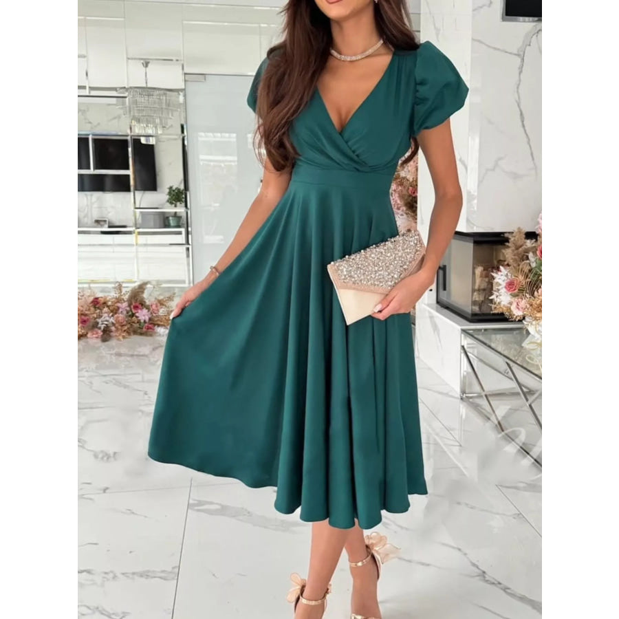 Surplice Puff Sleeve Midi Dress Apparel and Accessories