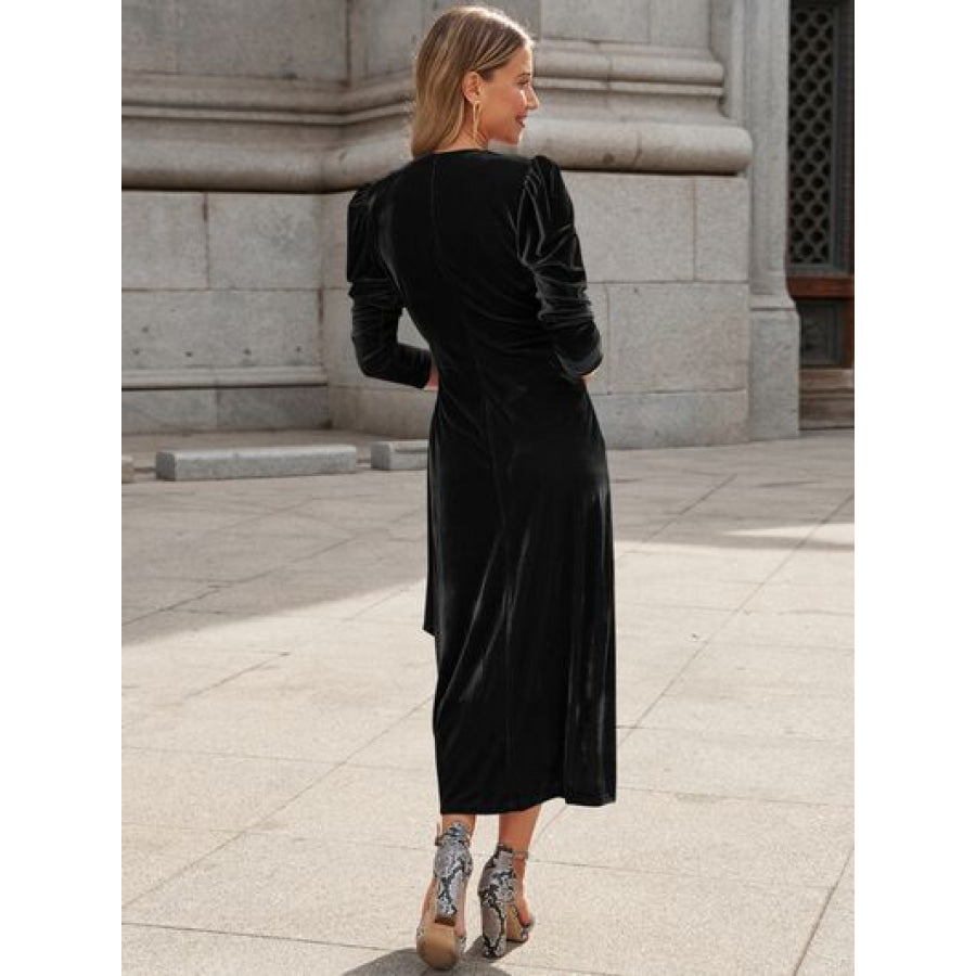 Surplice Puff Sleeve Midi Dress Black / S Apparel and Accessories